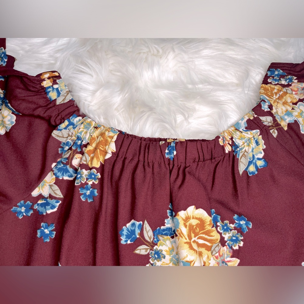 Xhiliration Maroon Floral Off the Shoulder Midi Dress Size Medium - Picture 5 of 6